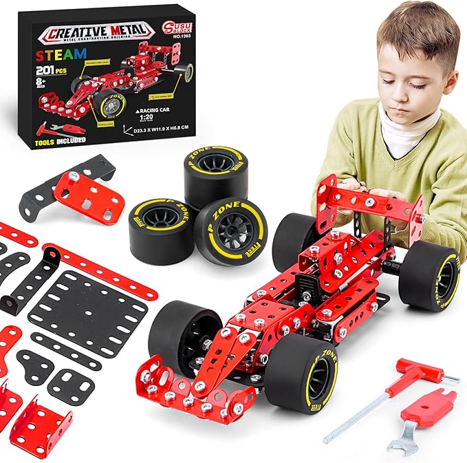 Building Car Metal Model KitsSTEM Building Toys Model Car Kits for Boys 8-12Erector Sets 1:20 Scale Red Racing Car Metal Building Blocks for Kids Boys 8 9 10 11 12-16 Years Old