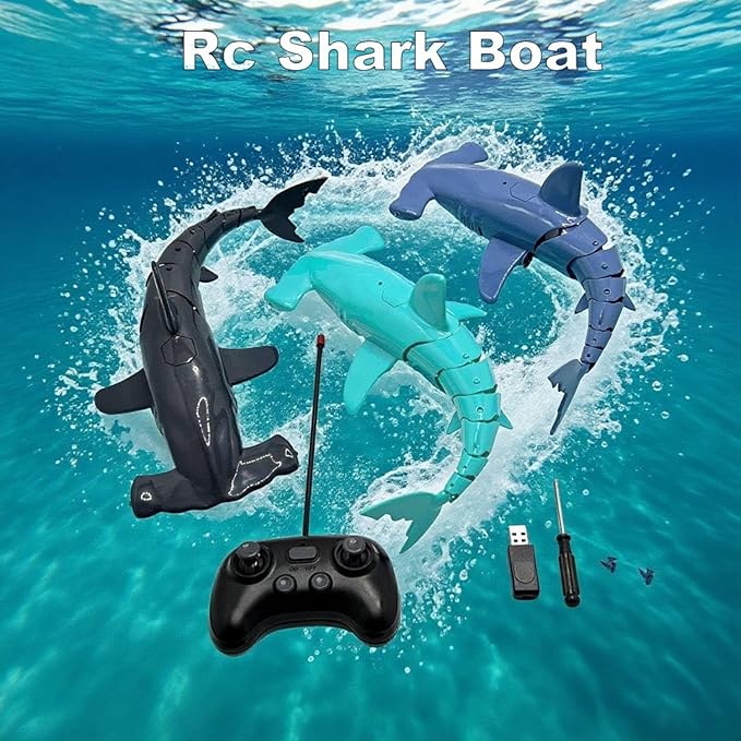 Summer Pool and Beach Remote Control Shark Boat Bath Toys RC Submarine Robo Shark Model Realistic Wiggle-Tail Electric Fish Hammerhead and Dusky Sharks Kids Gift Pool Toy for Ages 6–12 (Blue)