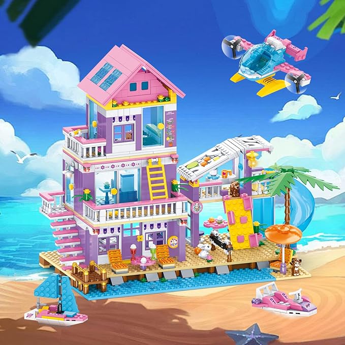 955 Pcs Friends Seaside Villa Building Set Beach House Building Block Toys STEM Creative Vacation Hut Brick Kit with HelicopterSailboatYachtBirthday Gifts for Kids Girls Boys Age 6-12+