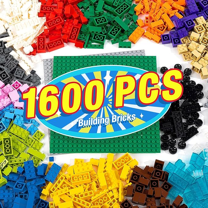 1600 Pieces Building Bricks Building Bulk Block with 2 Packs 24x24 Studs Sticky Plate and 46PCS Wheel Accessory - Compatible with All Major Bricks Gfits for Kid - 18 Shape/16 Colo