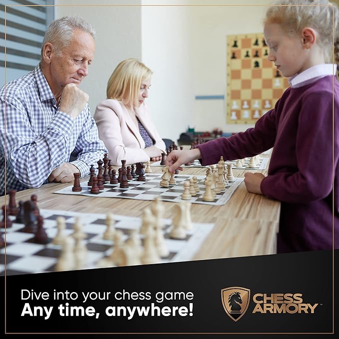 Chess Armory Roll Up Chess Set - 17 On-The-go Travel Chess Set - Vinyl Roll Up Portable Chess Board &amp 2 Extra Queens - Light and Mobile Chess Set - Play Chess Anywhere Anytime!