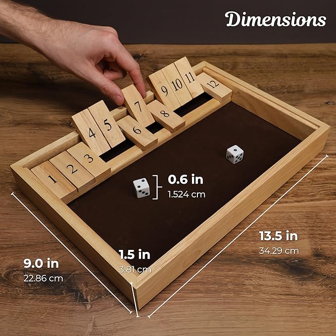 WE Games Wooden Shut The Box - Close The Box Set with 12 Number Tiles &amp 2 Dice Games - 13.5” Natural Wood Finish