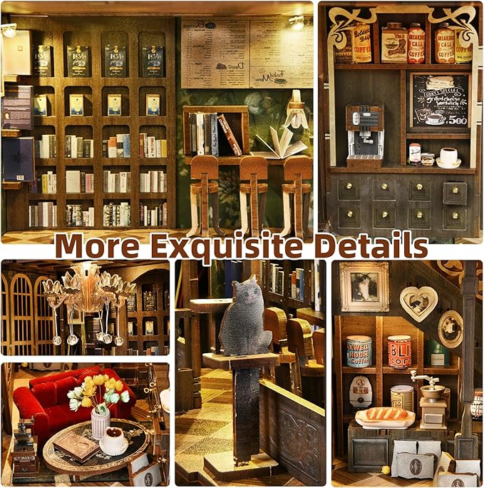 Book Nook Kits for Adults and Teens DIY Miniature Dollhouse Kit 3D Wooden Puzzle Booknook Bookend with LED Light Gifts for Family Friends (Saison Café)