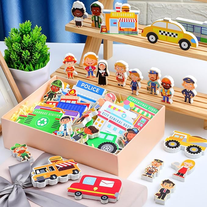 50 Pcs Wooden Community Helpers Play Set Community Includes Little Wooden People Buildings Cars Multicultural Figurines Toy Preschool Little Professionals Block Character(Stylish)