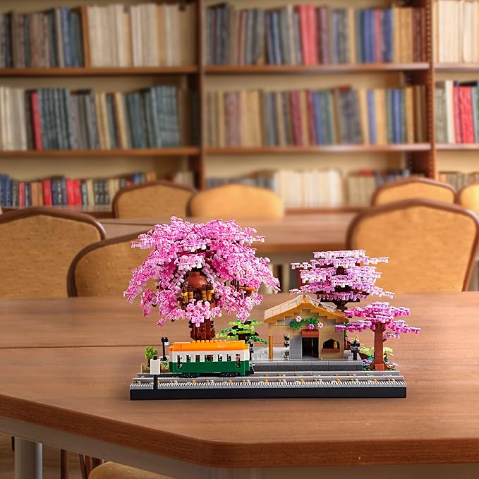Japanese Cherry Blossom Train Station Micro Building Blocks Set - Creative Mini Bricks Model Kit for Adults (3668 PCS) with Figures