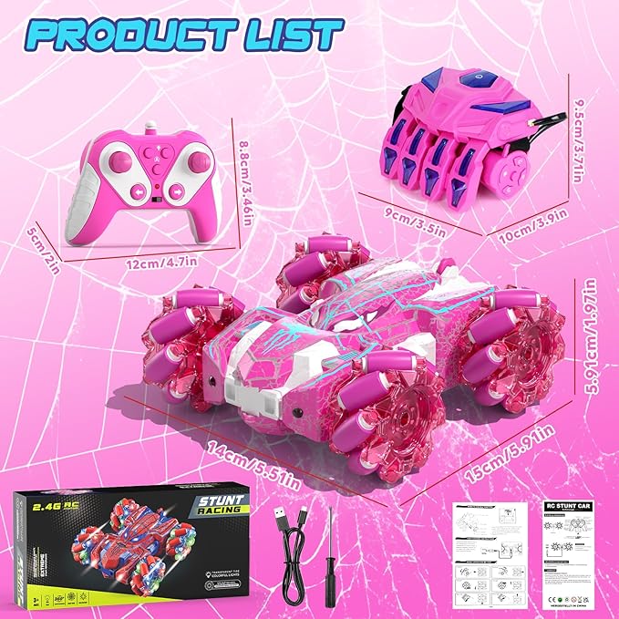Spider Toys for Girls 4 5 6 7 8 9 10 11 12 Gesture Sensing Remote Control Car Double Sided RC Cars with Full-Body Light 2.4GHz Hand Controlled Rechargeable RC Stunt Car