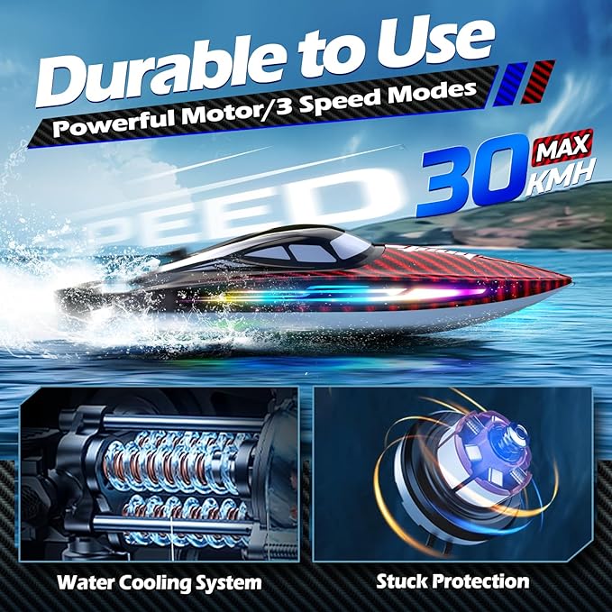RC Boat 30KMH with 7Light ModesRemote Control Electric Fast Speed Boat for Adults Kids 8-12 Lake Pool Water PlaySelf-rightingDemoWater CoolingFull Waterproof20 MinsLow Battery Alert2.4GhzRed
