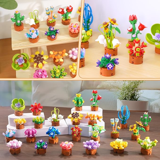 24 Pack Flowers Succulent Party Favors for Kids Building Set - 1012pcs Botanical Bonsai 3.6mm Mini Building Blocks Toy for Easter Basket Fillers Classroom Prize Stocking Stuffer Gift for Girl Boy 6+
