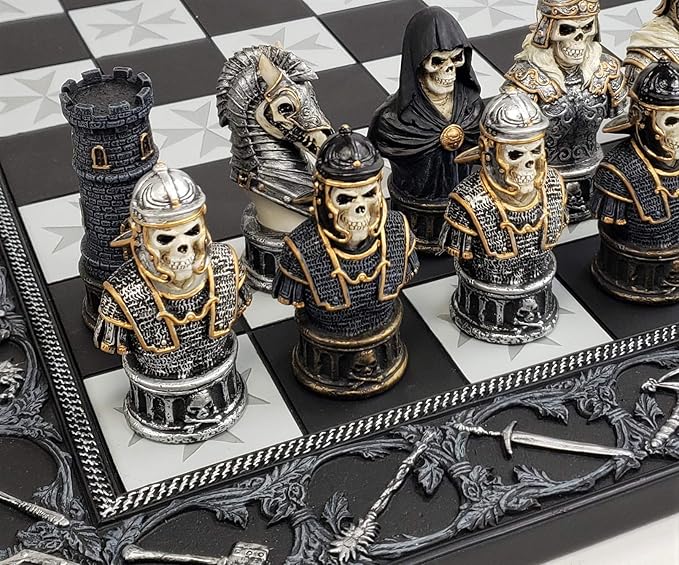 Medieval Times Skull Busts Gothic Fantasy Skeleton Knights Chess Set with 17 Maltese Board