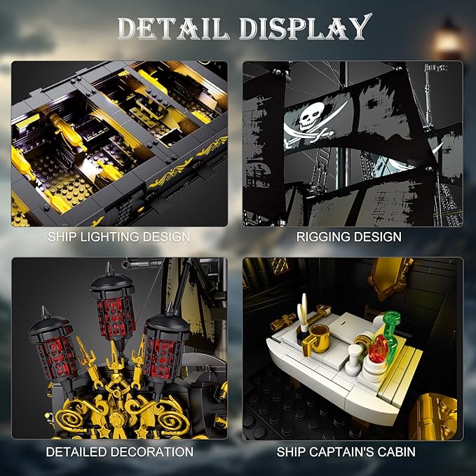 Reobrix Pirate Ship Building Set with LED LightsLarge Black Pearl Ship Model 66036Pirate Ship Sailboat ToyHalloween Home Decor Birthday GiftsModel Kits for Adult Boys Girls 14+（4304 PCS）