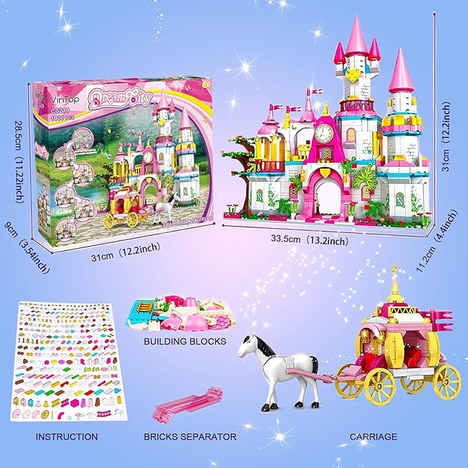 Castle STEM Building Toys for Girls Ages 6-12 Years Old 1000PCS Building Sets for Girls &amp Boys Pink Princess Castle Carriage Playset (Castle Building Blocks)