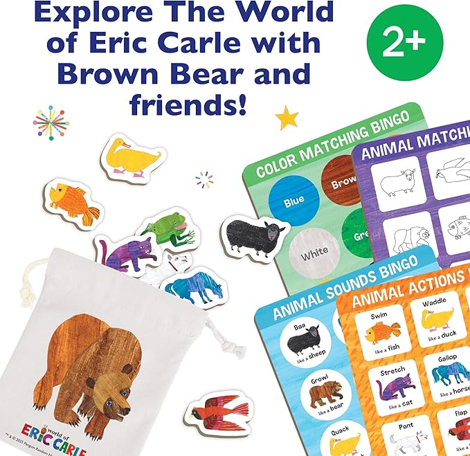 World of Eric Carle: Animal Bingo Game – Wooden Toddler Bingo Set Featuring Brown Bear – Learn Animal Sounds Movements Colors &amp Matching – Preschool Game for Ages 2+