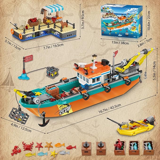 City Fishing Boat Wharf Building Set - Floatable Sea Fishing Ship Building Block Kit with Speedboat Crane Containers Exploration Boats Toy Birthday Gift for Kids Boys Girls 6 7 8 9 10+ 762PCS