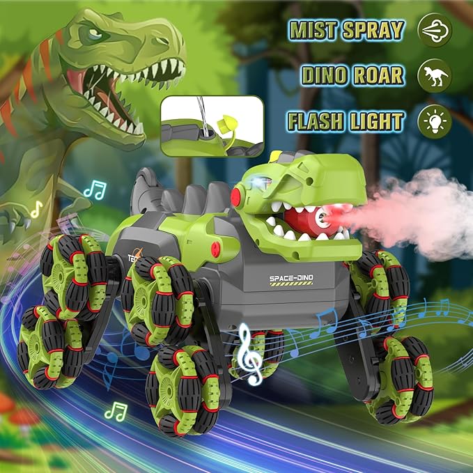 8 Wheels Dinosaur Transform RC Stunt Car - 2.4Ghz Remote Control Dinosaurs Monster Truck with Transforming &amp Spray &amp 360° Rotation Dinosaur Toys for Kids 5-7 8-12 Boy Christmas Birthday Gift