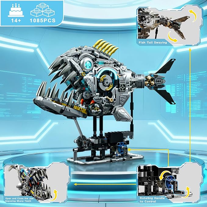 Steampunk Mechanical Piranha Building Set for Adults Creative Killer Fish Animal Collection Toy for Home Office Decor STEM Gift for Teens Boys 14+ (1085PCS)