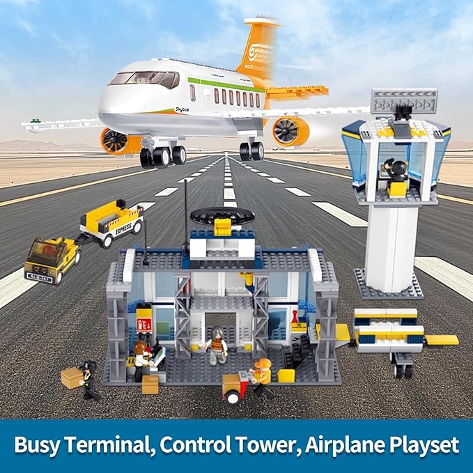 Airplane Building Set City Airport Passenger Plane Toy Compatible with Lego Plane with an Airplane Control Tower Terminal Baggage Cart 8 Minifigures