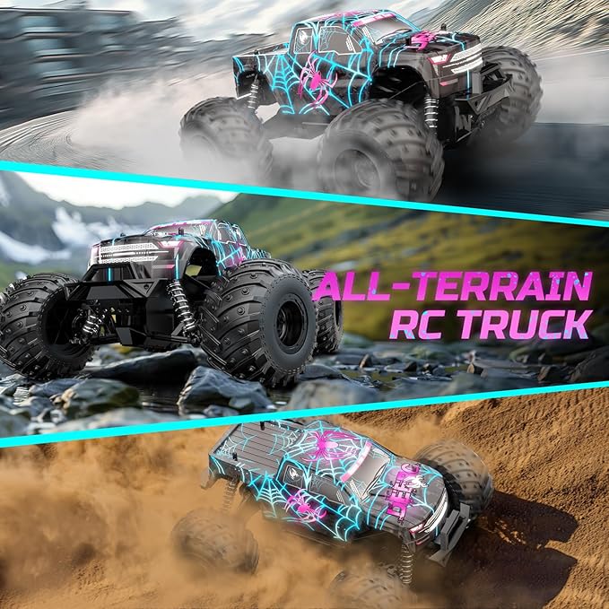 DEERC 1/16 Glowing Spider Remote Control Car - Fast RC Cars W/2 Rechargeable Batteries for 40 Min Play All Terrain Off-Road Monster Truck Toys for Boys Kids Age 4-7 8-12 Birthday Xmas Gift
