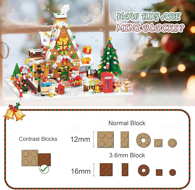 2025 Christmas Gingerbread House Courtyard Mini Building Set with Lights Christmas Village Building Block Toy with Santa Xmas Tree Holiday Train Gift for Adults Boys Girls 14+ (1763PCS)