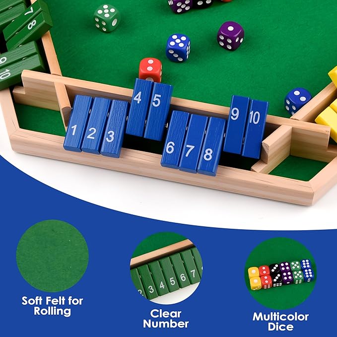 1-6 Players Shut The Box Dice Game 10 Numbers Traditional Wooden Pub Bar Board Gam for Classroom Party or Pub
