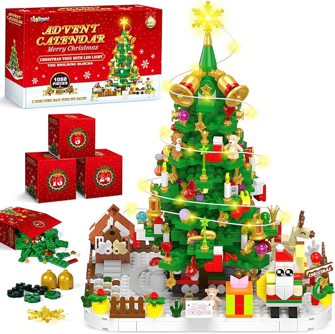 Advent Calendar 2025 Adult 1088 Pieces Christmas Tree Building Kit with Led Light 24 Days Christmas Countdown Christmas Tree Building Toy Set Ideal Xmas Gift Toy for Teen Boy