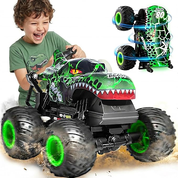 Remote Control Dinosaur Car for Boys 8-12 Sturdy 1:20 Scale RC Monster Truck with LED Lights &amp Roaring Sound 2.4GHz All Terrain Off Road Toy Vehicle Birthday Easter Gifts for Kids 8-12(Green)