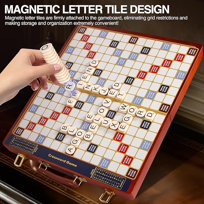 Crossword Game with Magnetic Letter Tiles Foldable Board into Portable Carry Case Luxury Edition Word Building Game with Rotating Wooden Board Educational Family Board Game for 2-4 Players
