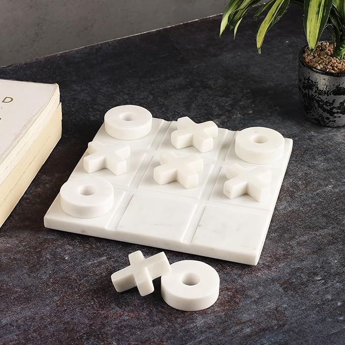Marble Tic Tac Toe Game Board X and O Game Set for Birthday Gift to Students and Adults Medium White