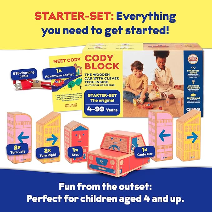 Cody Block Starter Set Educational Wooden Building Blocks Coding and Car STEM Toys for Preschool Kids Ages 4+ Screen Free
