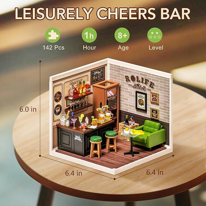 ROBOTIME Miniature House Kit DIY Plastic House Building Toy Set with LED Tiny Store Making Kit Model Craft Hobby Unique Gift (Leisurely Cheers Bar)