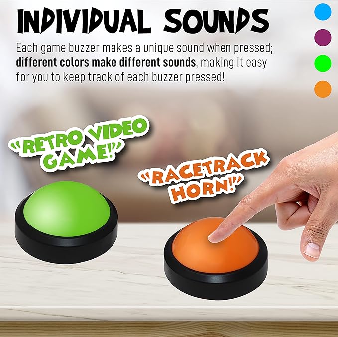 Teacher's Choice 4 Pack Game Buzzers with Unique Loud Sounds for Each Buzzer | Great for Trivia Games Family Feud Jeopardy Competition Spelling Bees and More