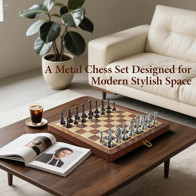 Metal Chess Set for Adults and Kids - 12 Inch Wooden Folding Chess Board and Metal Pieces Travel Portable Chess Set - Extra Queens &amp 2.5 King Ideal Gift for Chess Enthusiasts &amp Beginner