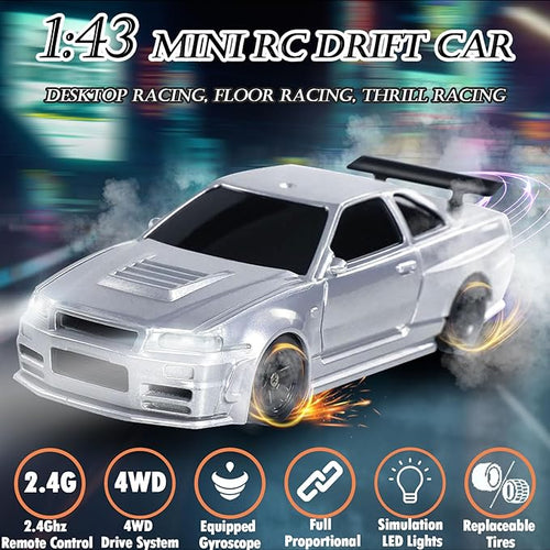 1/43 Mini RC Drift Car with Gyroscope 2.4GHz 4WD Full Proportional High Speed Micro Hobby RC Cars with Lights Racing Tires Fast Small Remote Control Car Toy Model Gift for Adults Kids Boys Girls
