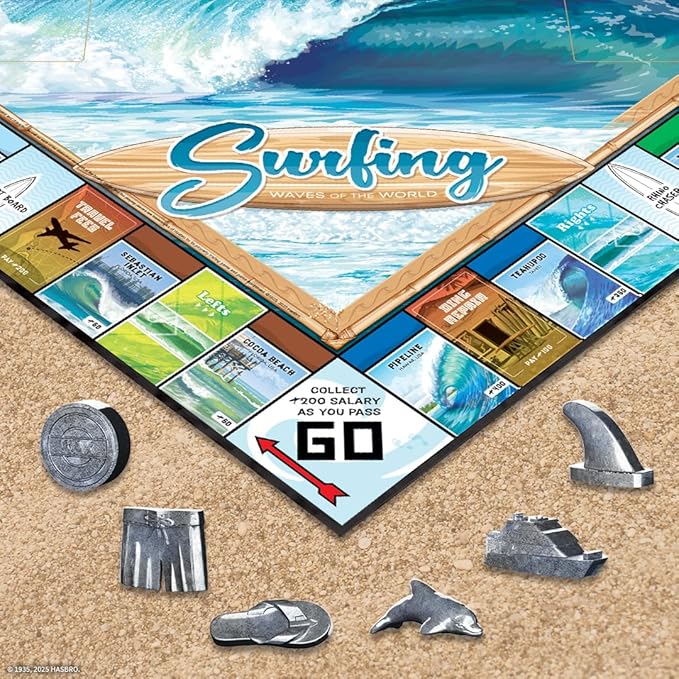 Monopoly: Surfing Waves of the World Board Game – Buy Sell Trade Iconic Surf Spots Like Pipeline &amp Superbank 6 Custom Beach-Themed Tokens Family Game for Beach Sports Fans &amp Collectors Ag