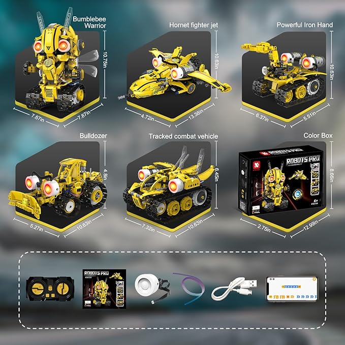5-in-1 Remote Control STEM Robot Building Kit with LED Light – Transformable Models Eco-Friendly Rechargeable App-Controlled Engineering Toy for Kids 6+ (673PCS)