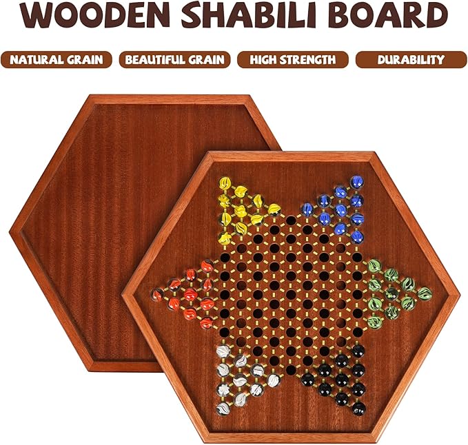15-Inch Wooden Chinese Checkers Board Game Set – Classic Strategy Game with 72 Glass Marbles Dual-Sided Storage Drawer Family Board Games for Adults Educational Travel and Indoor Game