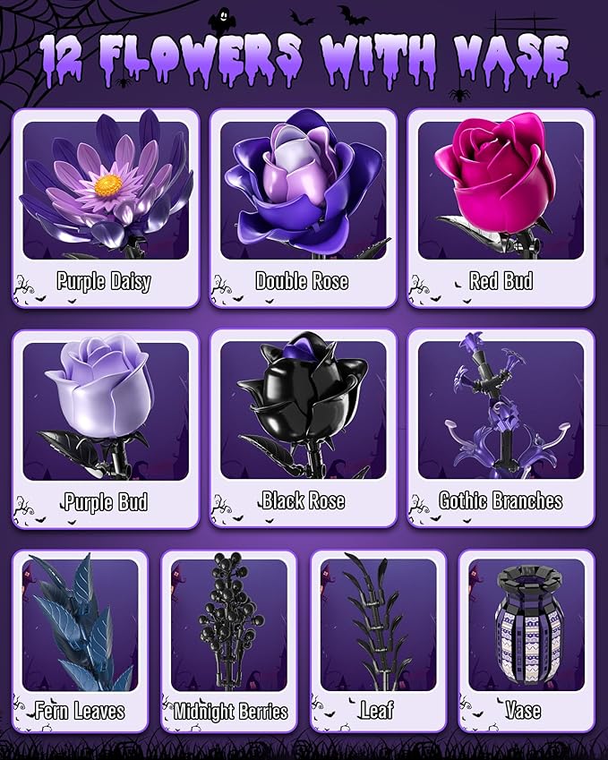 Purple Flowers Building Set with Vase for Adults Gothic Black Roses Floral Bouquet Compatible with Lego Botanical Collection Cool Home Office Decor Valentine Gift for Her Women Girls 14+