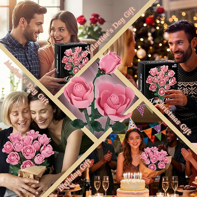 Pink Rose Building Flower Bouquet Set for Adults Compatible with Lego Flowers Artificial Plant Home Decor Creative DIY Building Toys Romantic Gifts for Her Birthday Valentine's Day Mother's Day