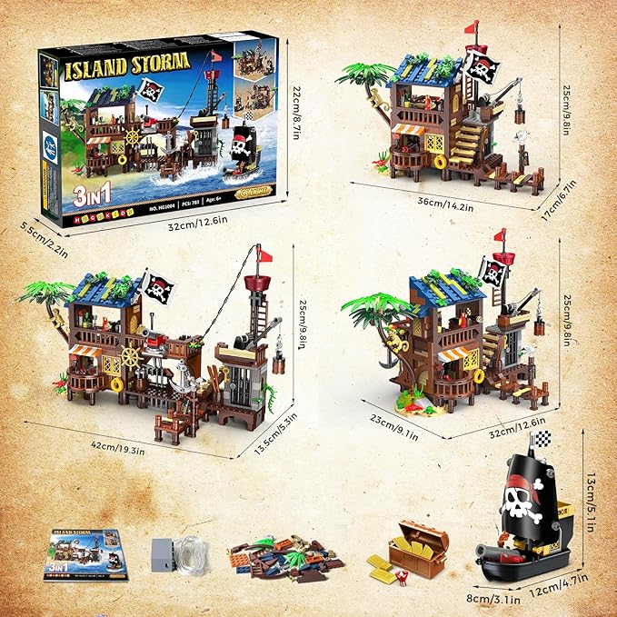 HOGOKIDS Pirate Ship House Building Set with LED Light - 3 Style Modes Pirate Wharf Supply Center Building Block Set 781PCS STEM Bricks Kit for Kids Girls Boys Ages 6-12+ Valentines Gifts