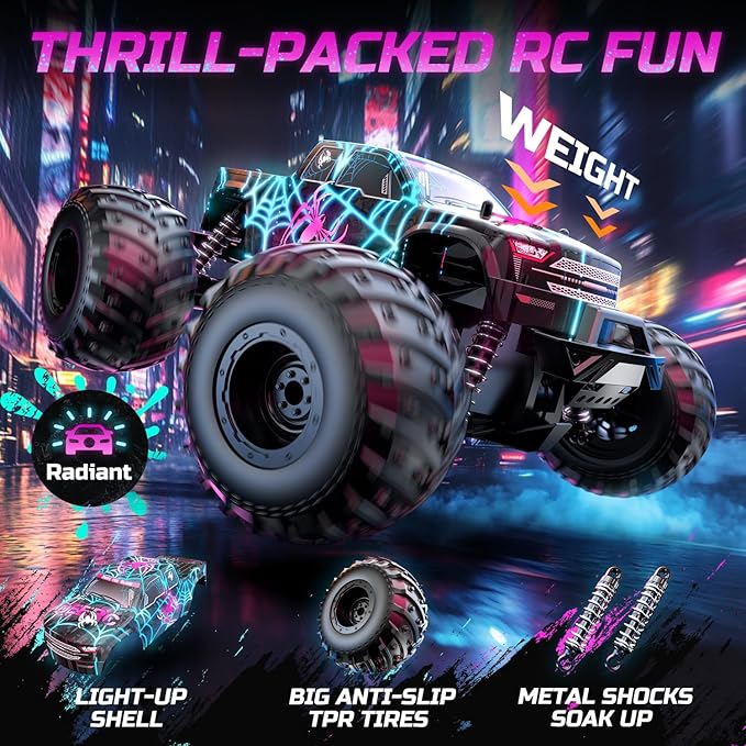 DEERC 1/16 Glowing Spider Remote Control Car - Fast RC Cars W/2 Rechargeable Batteries for 40 Min Play All Terrain Off-Road Monster Truck Toys for Boys Kids Age 4-7 8-12 Birthday Xmas Gift