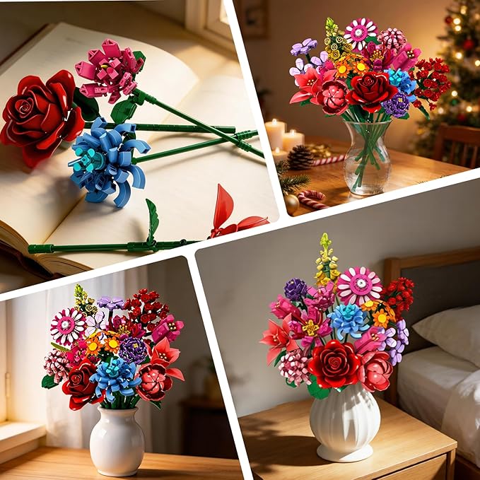 Flower Building Blocks Set 1351PCS Everlasting 14-Style Floral Bouquet Kit DIY Assembled Colorful Flower Decor for Home/Office Birthday Gift/Anniversary/Mother’s Day