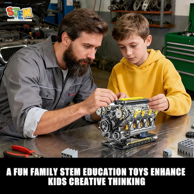 V8 Engine Model Kit That Runs Visible Mini Car Motor Building Blocks Set for Adults Compatible with Lego STEM Physical Science Educational Toy for Teens Boys 14+ (905 PCS)