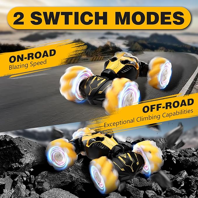 Remote Control Car for Boys 8-12 4WD Gesture Sensing RC Stunt Car 2.4Ghz with Lights Music Sprayer RC Cars for Boys Age 4-7 8-12 Hand-Controlled Cars Toys Birthday Gifts for Kids Girls Yellow