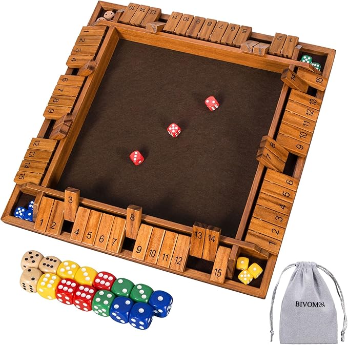 Upgraded 16.54’’ Shut The Box Dice Game with 15 Numbers for 1-4 Players Large Wooden Board Math Game 16 Dices Tabletop Games Kids Adults Family Party Birthday