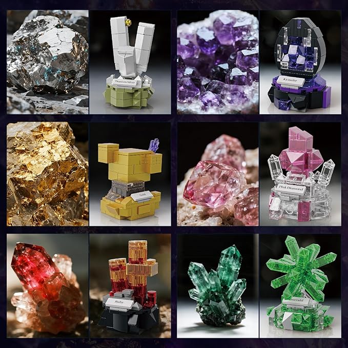 Mineral Display Building Blocks Set 794pcs 9 Pack Gemstone Models Crystal Rock Collection STEM Geology Bonsai Gems Home Office Decor Compatible with Lego for Kids Adults Boys Girls 6+