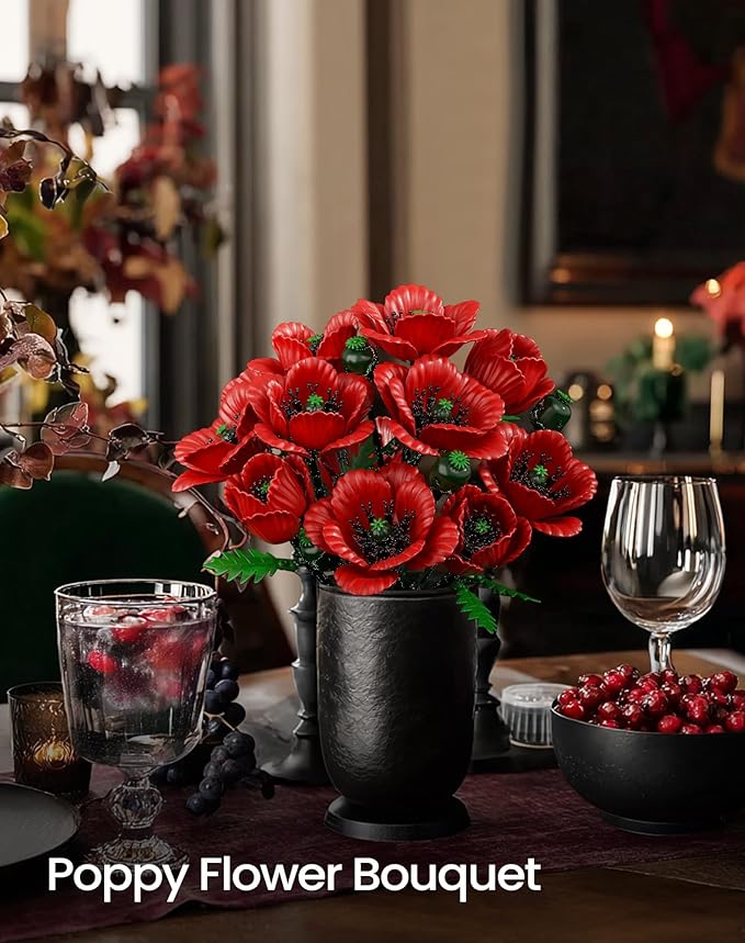 iATOM Red Poppy Flower Bouquet Building Set 12Pcs Artificial Botanical Collection for Adults - Gift for Valentine's Day for Her/Mom/Girlfriend/Wife/Couple Home Table Centerpiece Decor Aesthetic