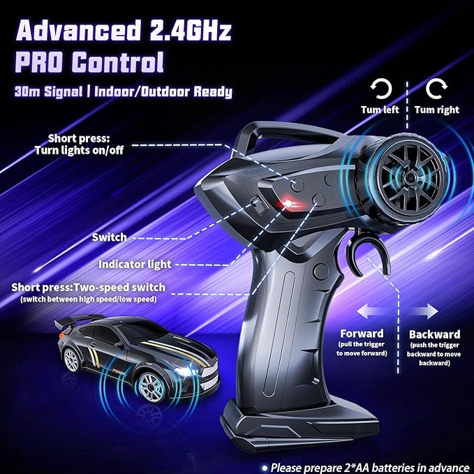 Mini RC Drift Car 1:64 Scale Remote Control Car with LED Lights &amp 2-Speed Modes 2.4GHz Stunt Drifting RC Toys with 4 Obstacles &amp Track Mat Hobby Gift for Kids &amp Adults Black