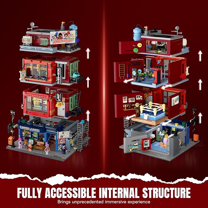Street Fusion Boxing Club Lighting Building Bricks Set - City Town Modular Playset Collection Display kit with Minifigures 3036 Pcs for Adults &amp Teens &amp Life Enthusiasts