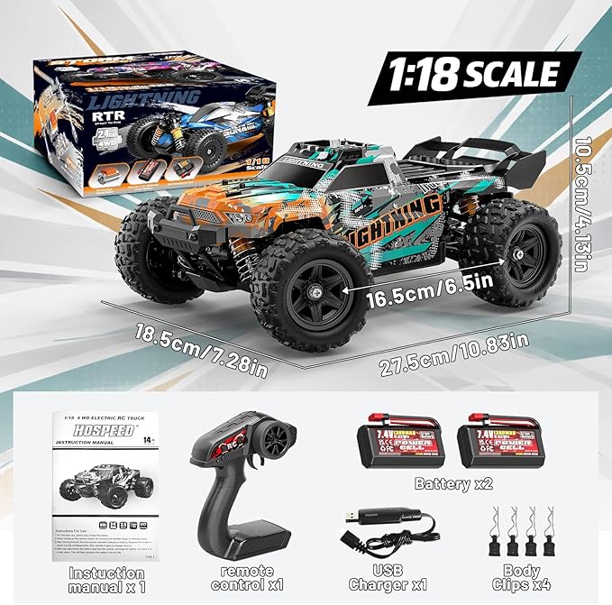 RC Cars 1:18 4WD High Speed Off-Road RC Truck 40 KM/H Remote Control Car with Waterproof ESC 2 Rechargeable 7.4V 1300mAh Batteries Dual Body Shells for Adults &amp Kids Great Gifts for Outdoor F