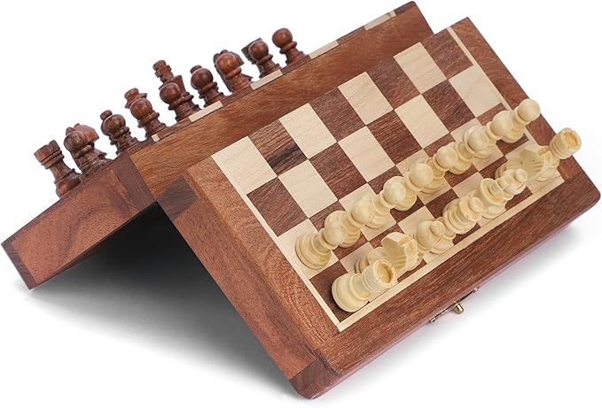 Ajuny Magnetic Travel Chess Set - Handcrafted Acacia Wood Foldable Board with Elegant Storage for All Ages