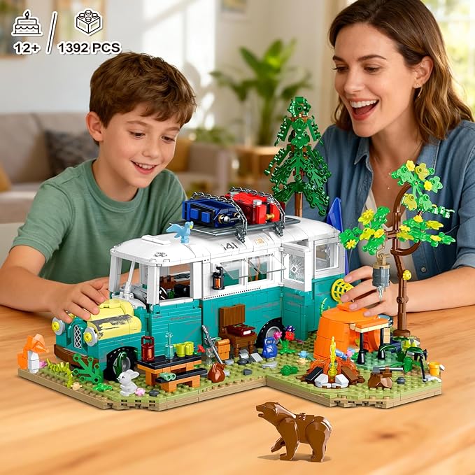 Wilderness Bus Building Set with Light 1392PCS Camping Building Toy Kit with Removable Bus Animals and Rich Accessories Creative Home Decor &amp Display Xmas Birthday Gifts for Adults Teens